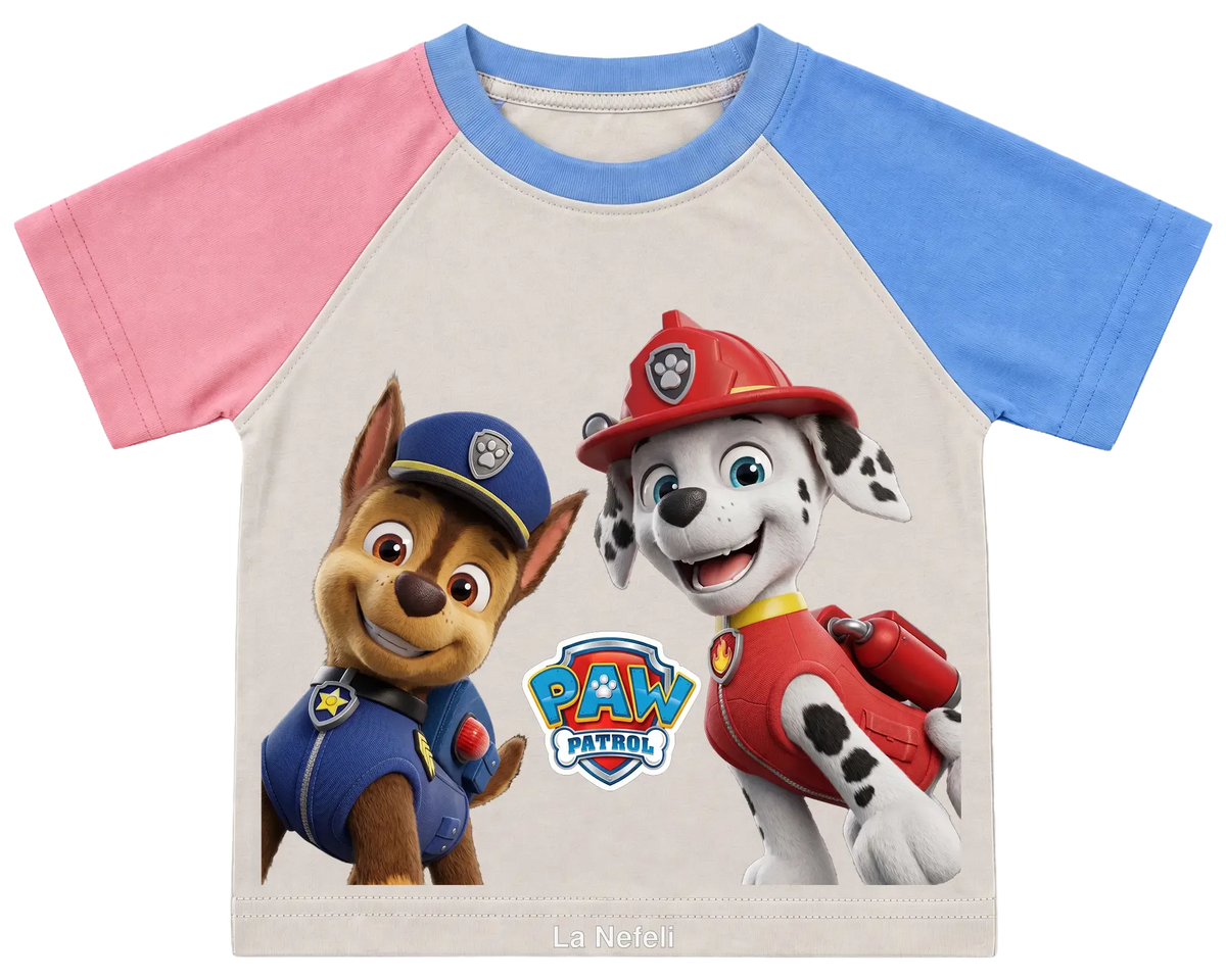 PAW Patrol Chase and Marshall kids' T-shirt, pink and blue raglan sleeves, blue collar