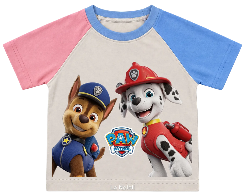 PAW Patrol Chase and Marshall kids' T-shirt, pink and blue raglan sleeves, blue collar