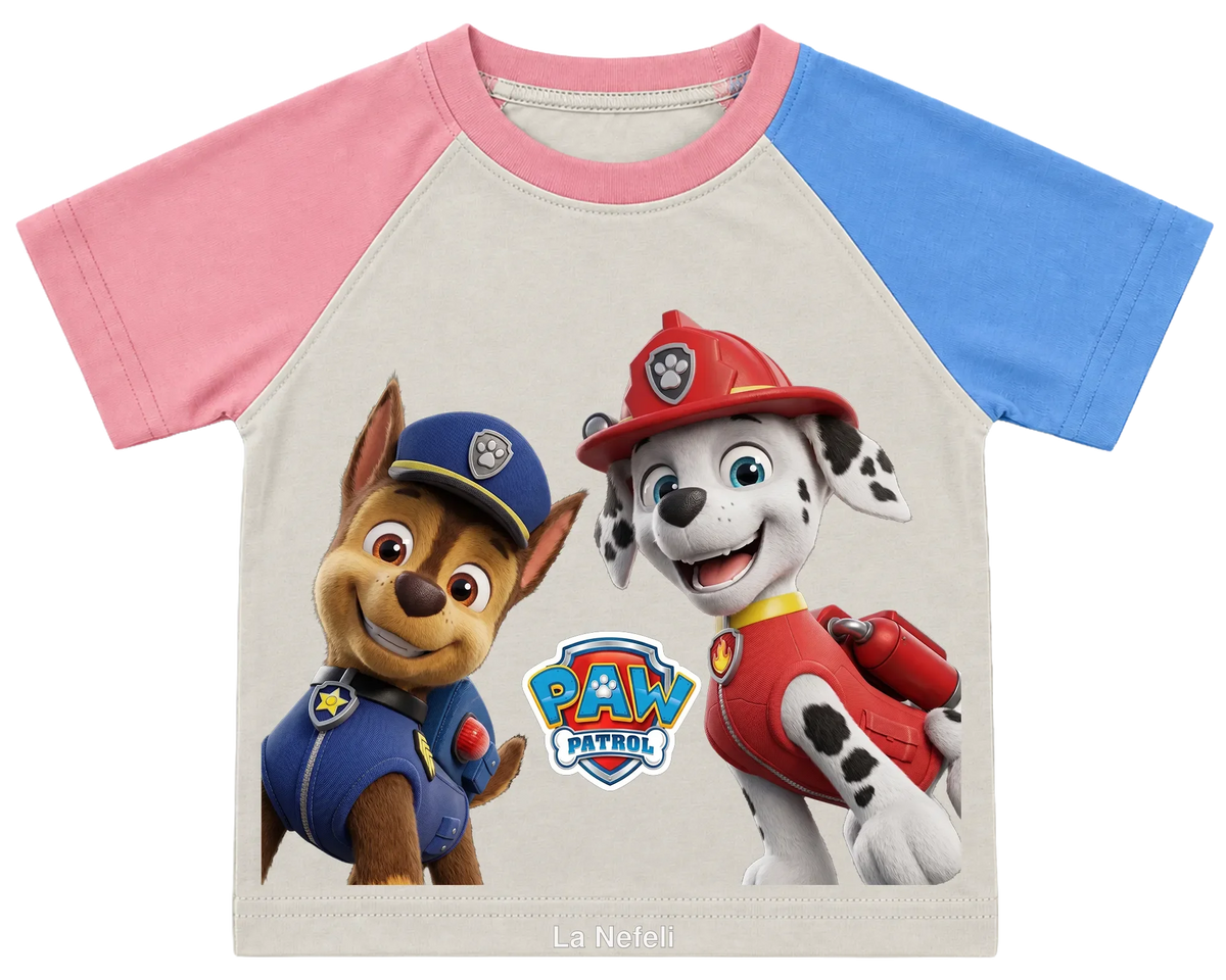 PAW Patrol Chase and Marshall kids' T-shirt, pink and blue raglan sleeves, pink collar