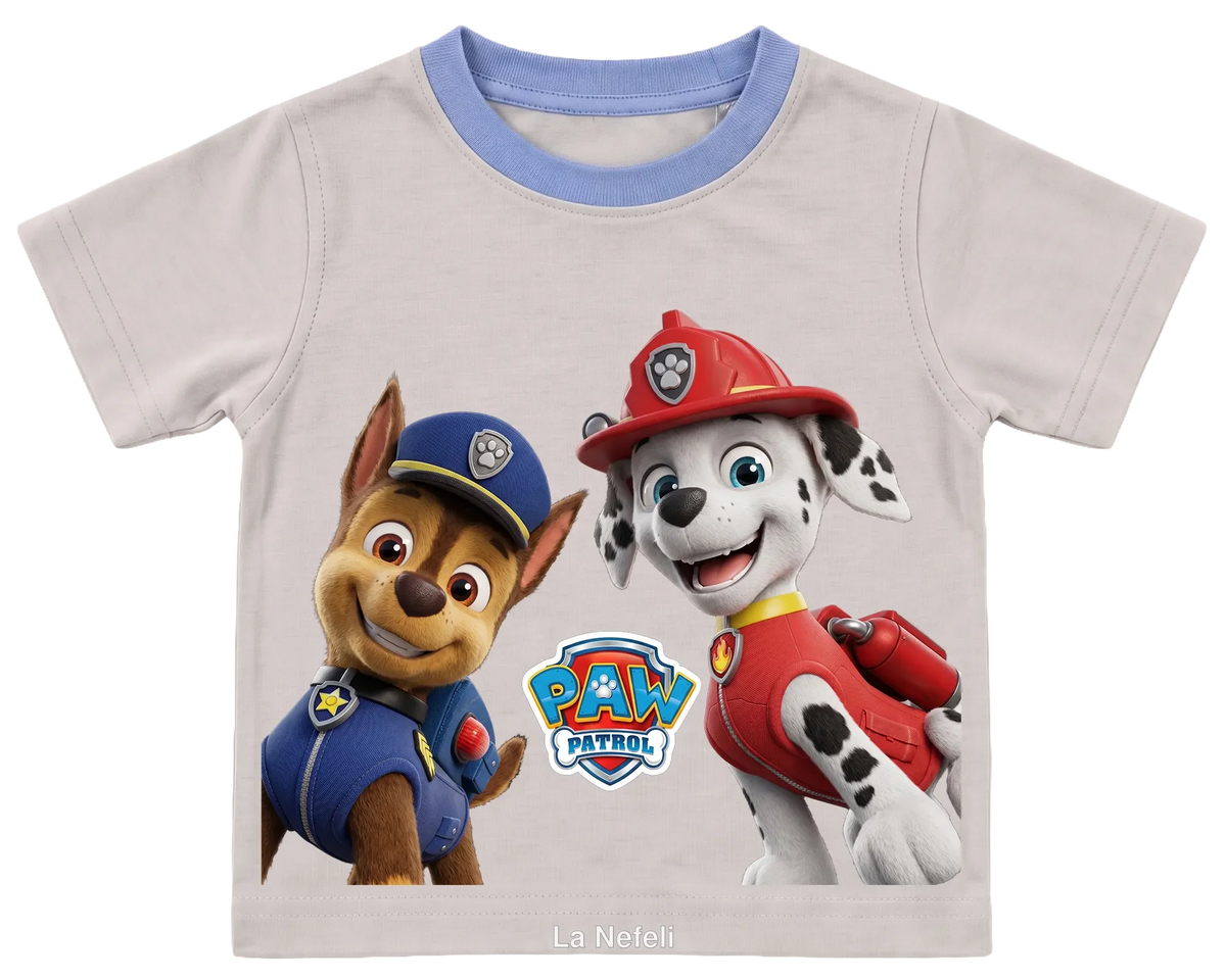 PAW Patrol Chase and Marshall kids' T-shirt, cream with a blue neckline