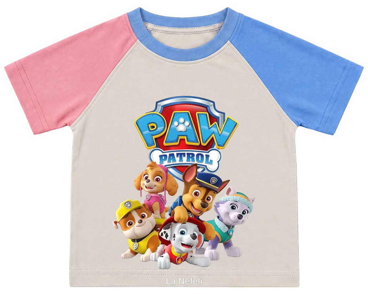 PAW Patrol team kids' T-shirt, pink and blue raglan sleeves, blue collar
