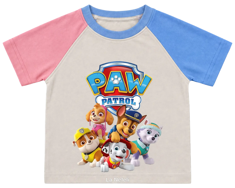 PAW Patrol team kids' T-shirt, pink and blue raglan sleeves, blue collar