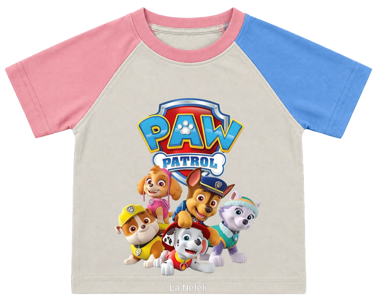 PAW Patrol team kids' T-shirt, pink and blue raglan sleeves, pink collar