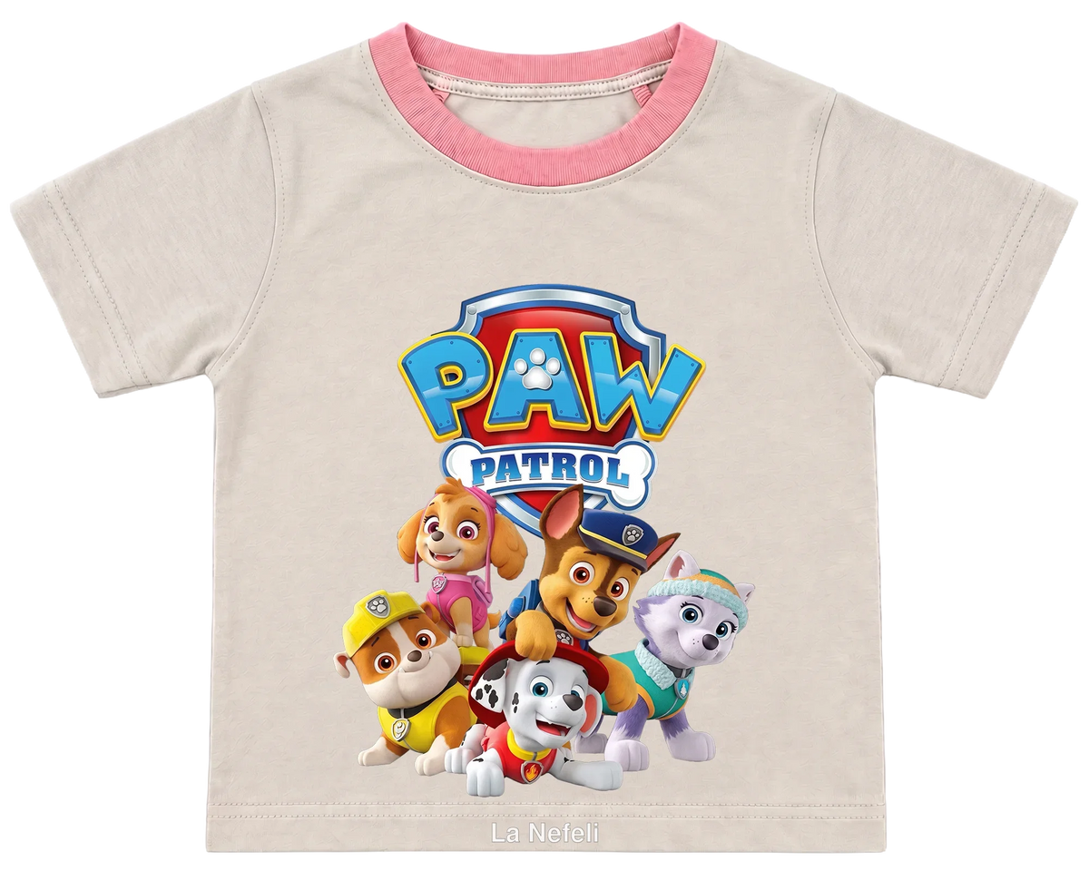 PAW Patrol team kids' T-shirt, cream with a pink neckline