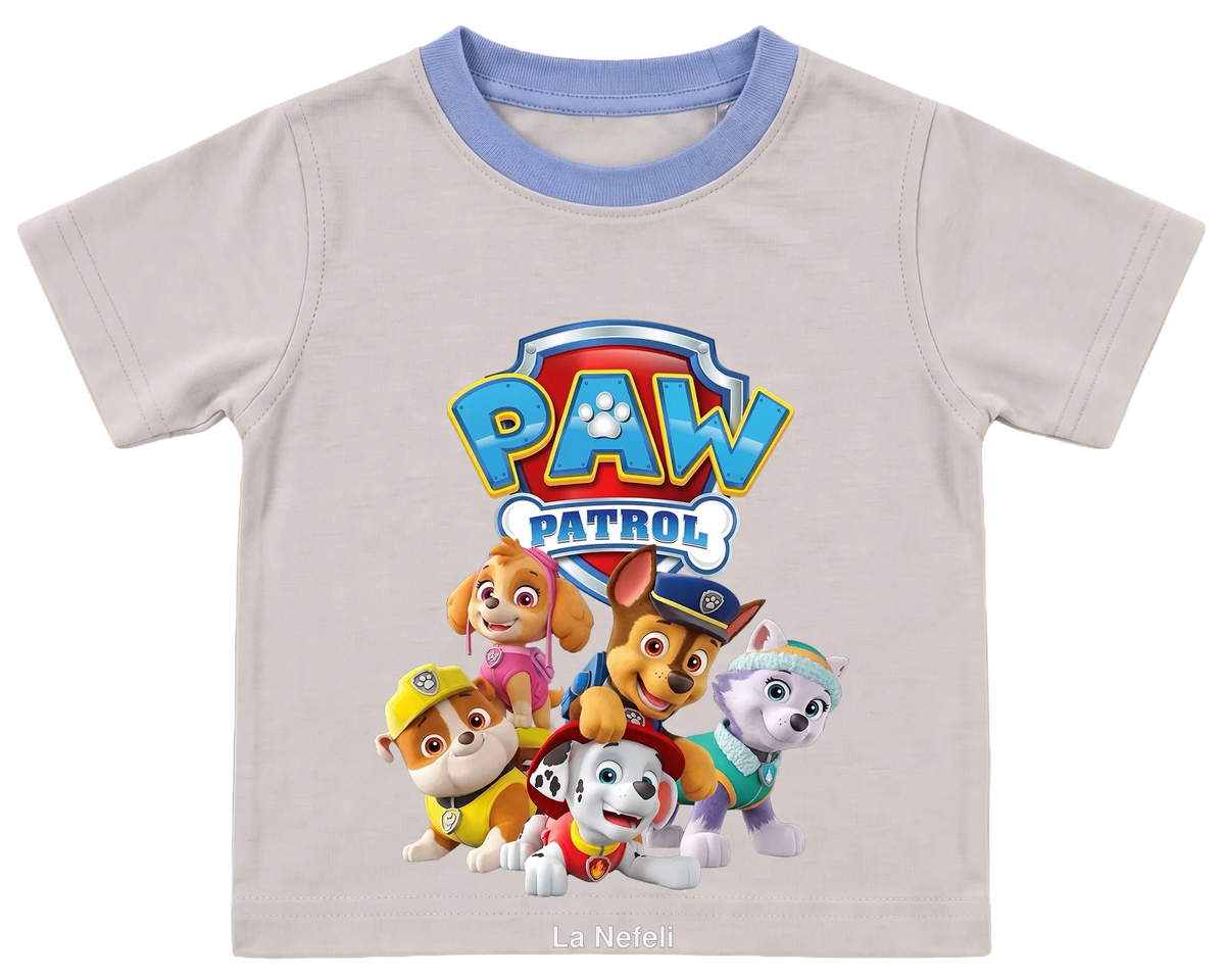 PAW Patrol team kids' T-shirt, cream with a blue neckline