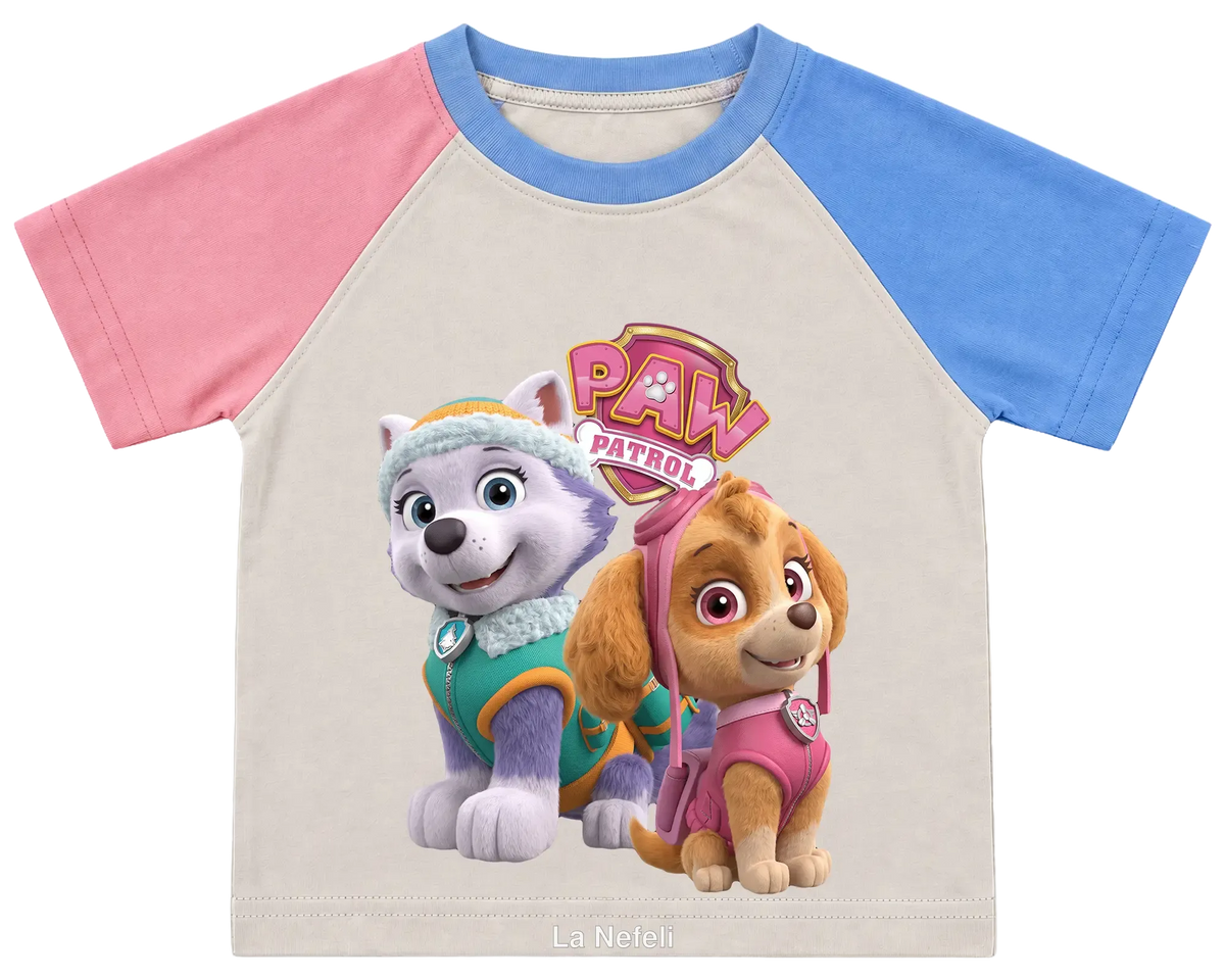 PAW Patrol Skye and Everest kids' T-shirt, pink and blue raglan sleeves, blue collar