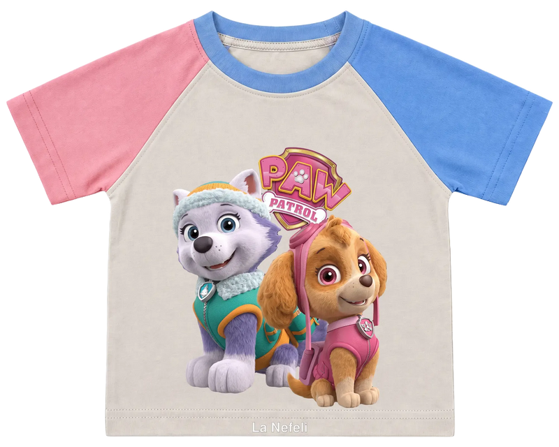 PAW Patrol Skye and Everest kids' T-shirt, pink and blue raglan sleeves, blue collar