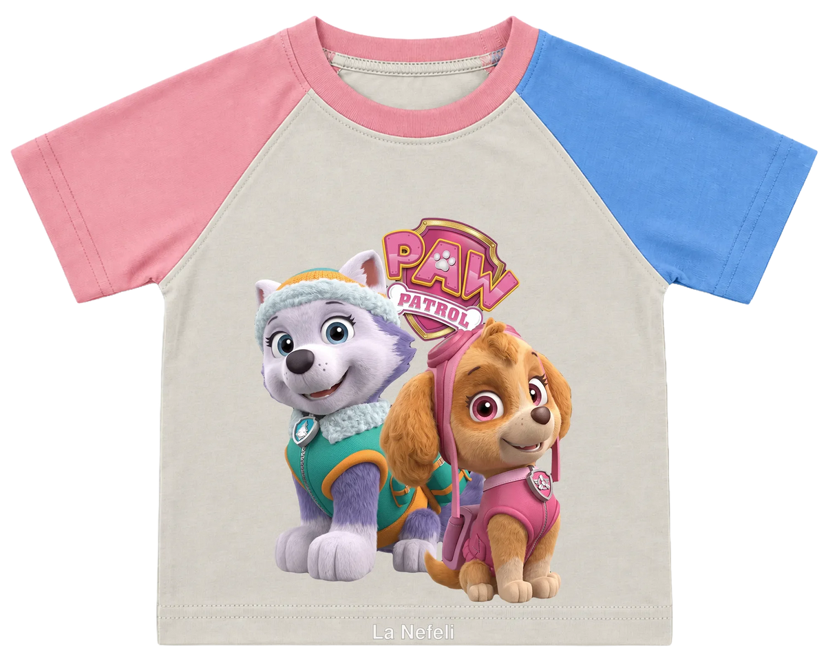 PAW Patrol Skye and Everest kids' T-shirt, pink and blue raglan sleeves, pink collar