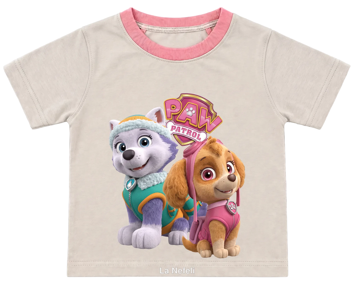 PAW Patrol Skye and Everest kids' T-shirt, cream with a pink neckline