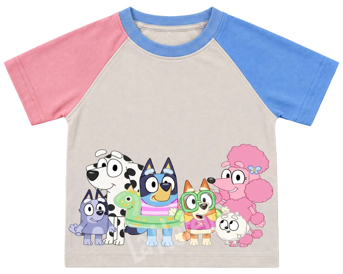 Bluey and friends kids' T-shirt, pink and blue raglan sleeves, blue collar