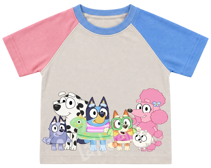 Bluey and friends kids' T-shirt, pink and blue raglan sleeves, blue collar