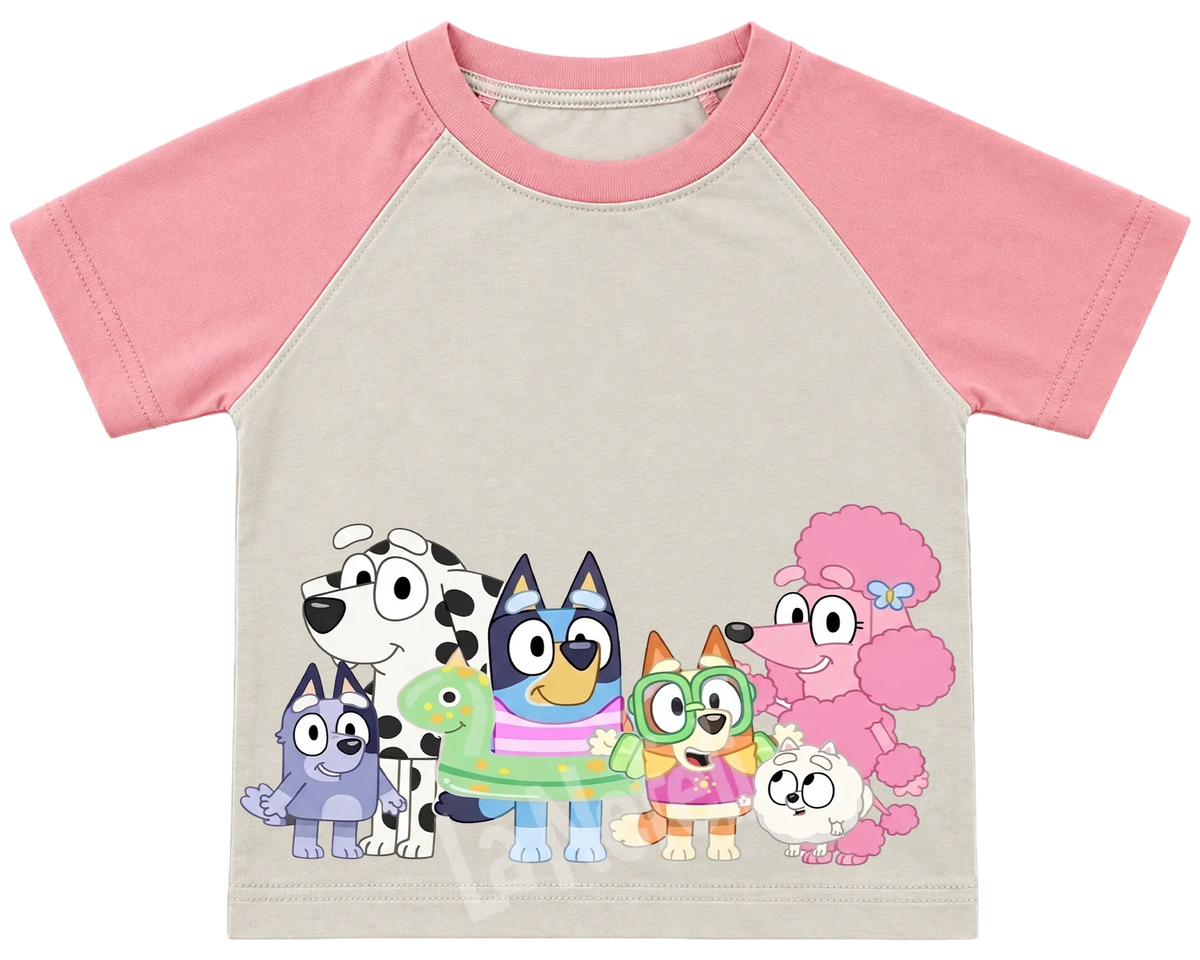 Bluey and friends kids' T-shirt, raglan with pink sleeves