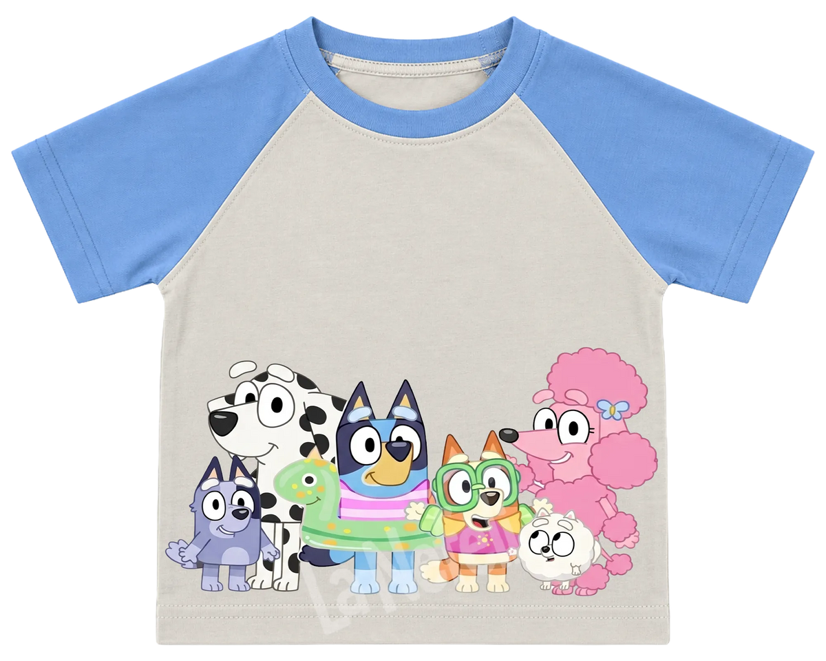 Bluey and friends kids' T-shirt, raglan with blue sleeves