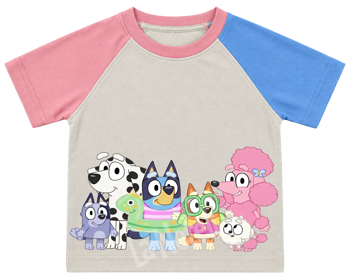 Bluey and friends kids' T-shirt, pink and blue raglan sleeves, pink collar