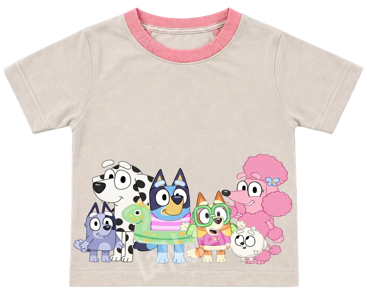 Bluey and friends kids' T-shirt, cream with a pink neckline