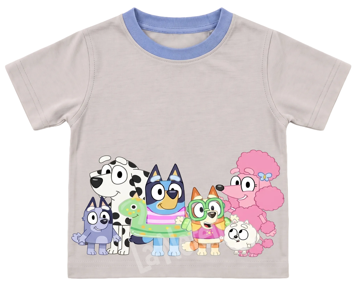 Bluey and friends kids' T-shirt, cream with a blue neckline