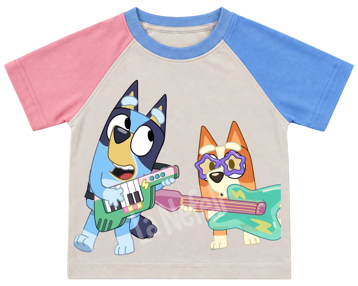 Bluey and Bingo rock band kids' T-shirt, pink and blue raglan sleeves, blue collar