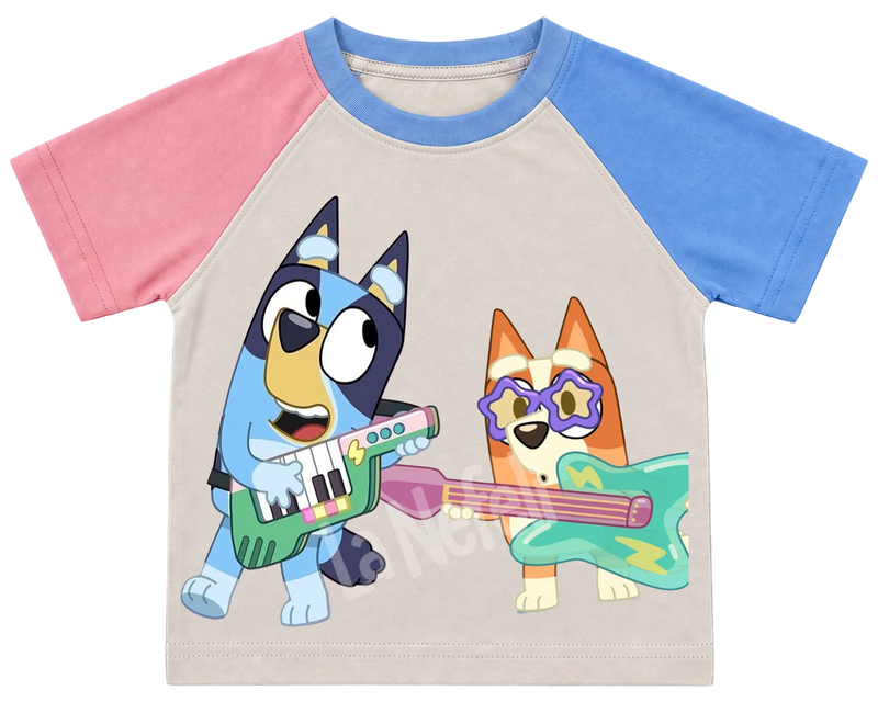 Bluey and Bingo rock band kids' T-shirt, pink and blue raglan sleeves, blue collar