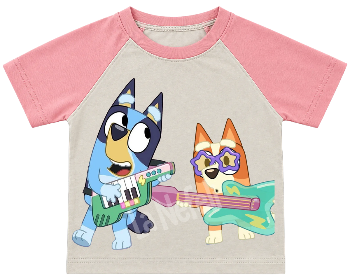 Bluey and Bingo rock band kids' T-shirt, raglan with pink sleeves