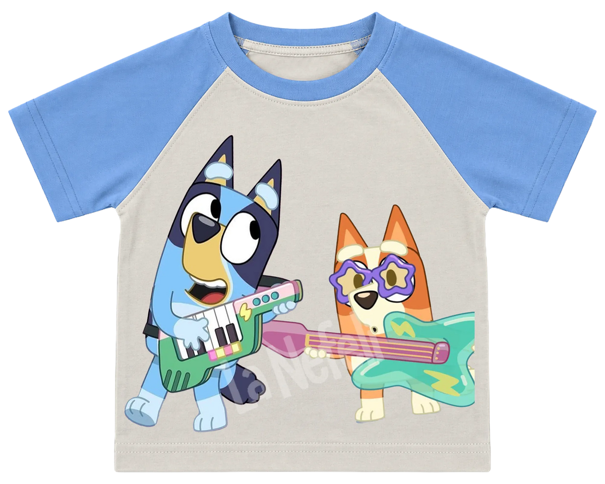 Bluey and Bingo rock band kids' T-shirt, raglan with blue sleeves