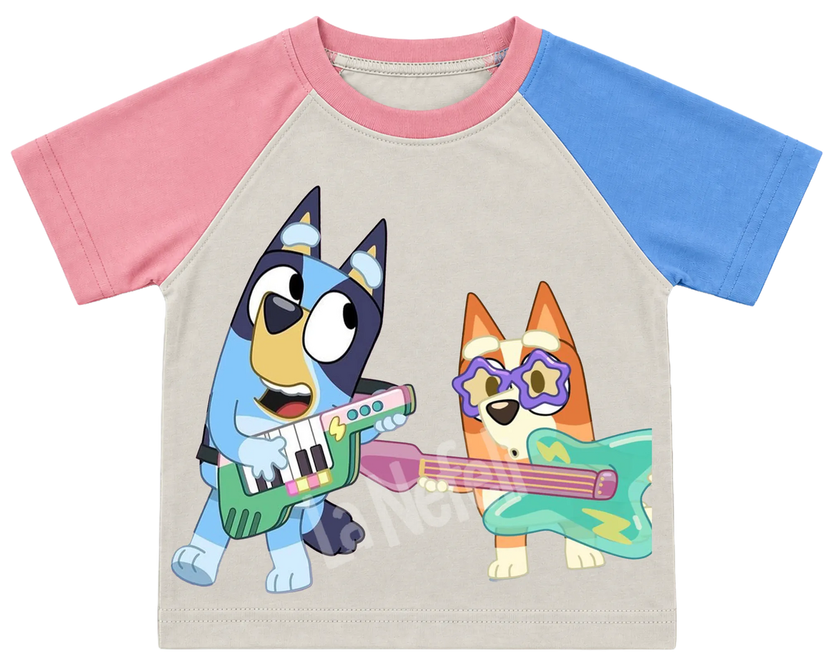Bluey and Bingo rock band kids' T-shirt, pink and blue raglan sleeves, pink collar