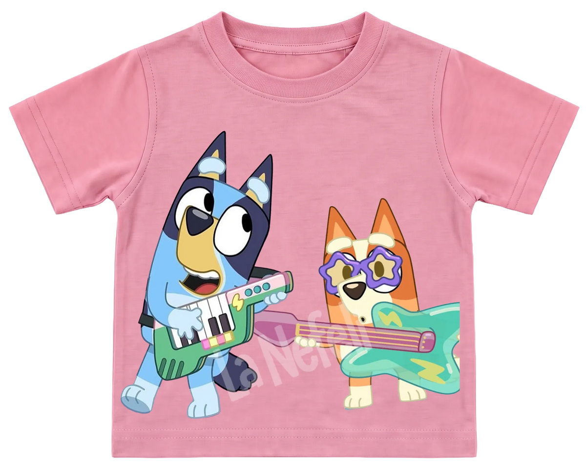 Bluey and Bingo rock band kids' T-shirt, all pink
