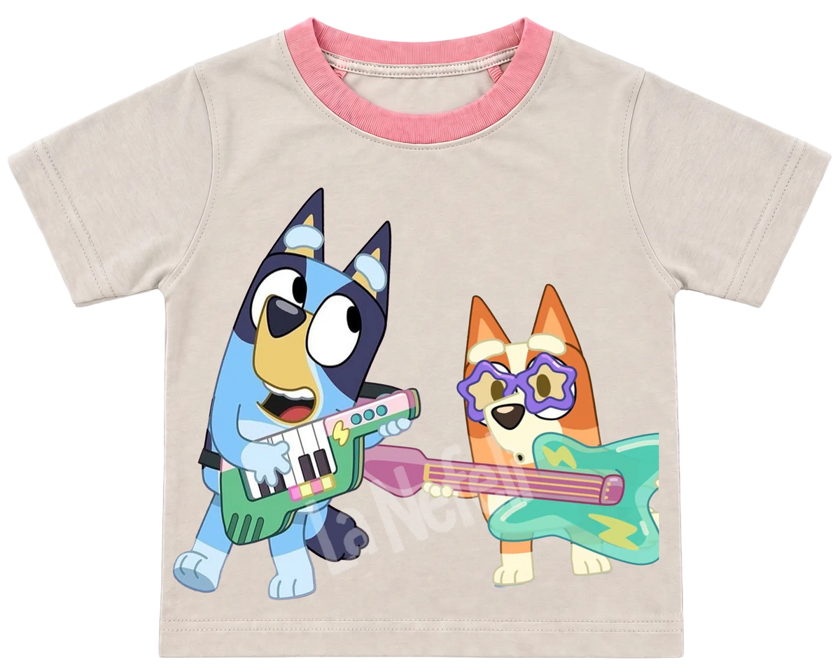Bluey and Bingo rock band kids' T-shirt, cream with a pink neckline