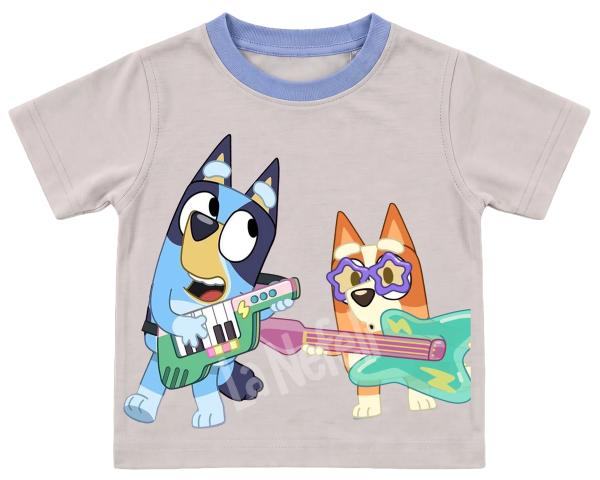 Bluey and Bingo rock band kids' T-shirt, cream with a blue neckline