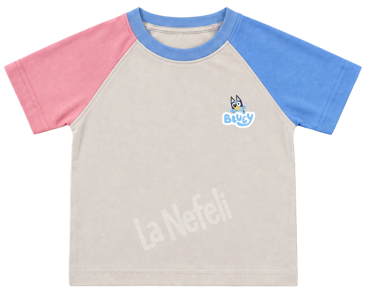 Bluey family home kids' T-shirt, pink and blue raglan sleeves, blue collar, a small Bluey logo on the chest