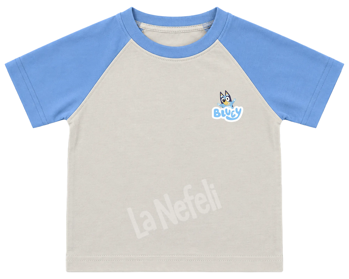 Bluey family home kids' T-shirt, raglan with blue sleeves, a small Bluey logo on the chest