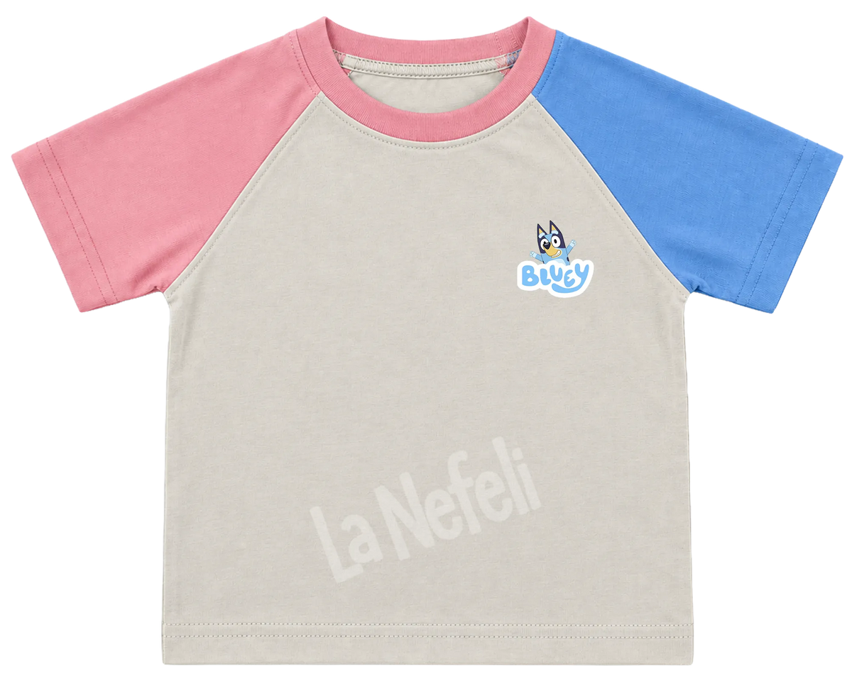 Bluey family home kids' T-shirt, pink and blue raglan sleeves, pink collar, a small Bluey logo on the chest