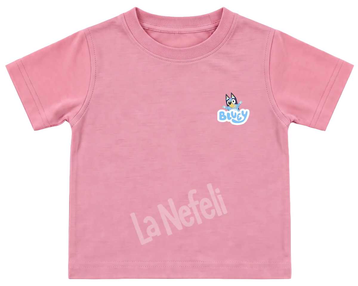 Bluey family home kids' T-shirt, all pink, a small Bluey logo on the chest