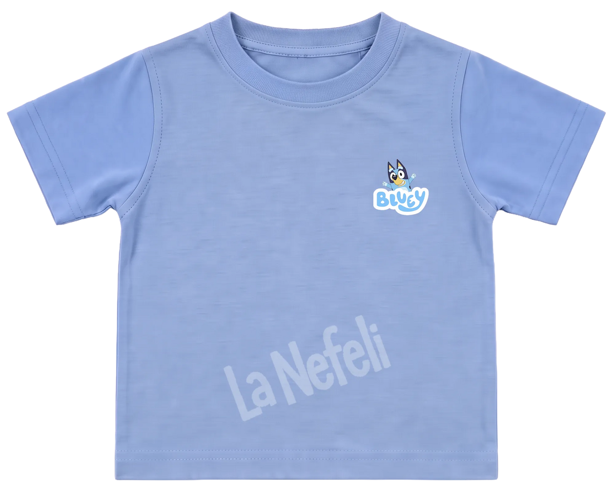 Bluey family home kids' T-shirt, all blue, a small Bluey logo on the chest