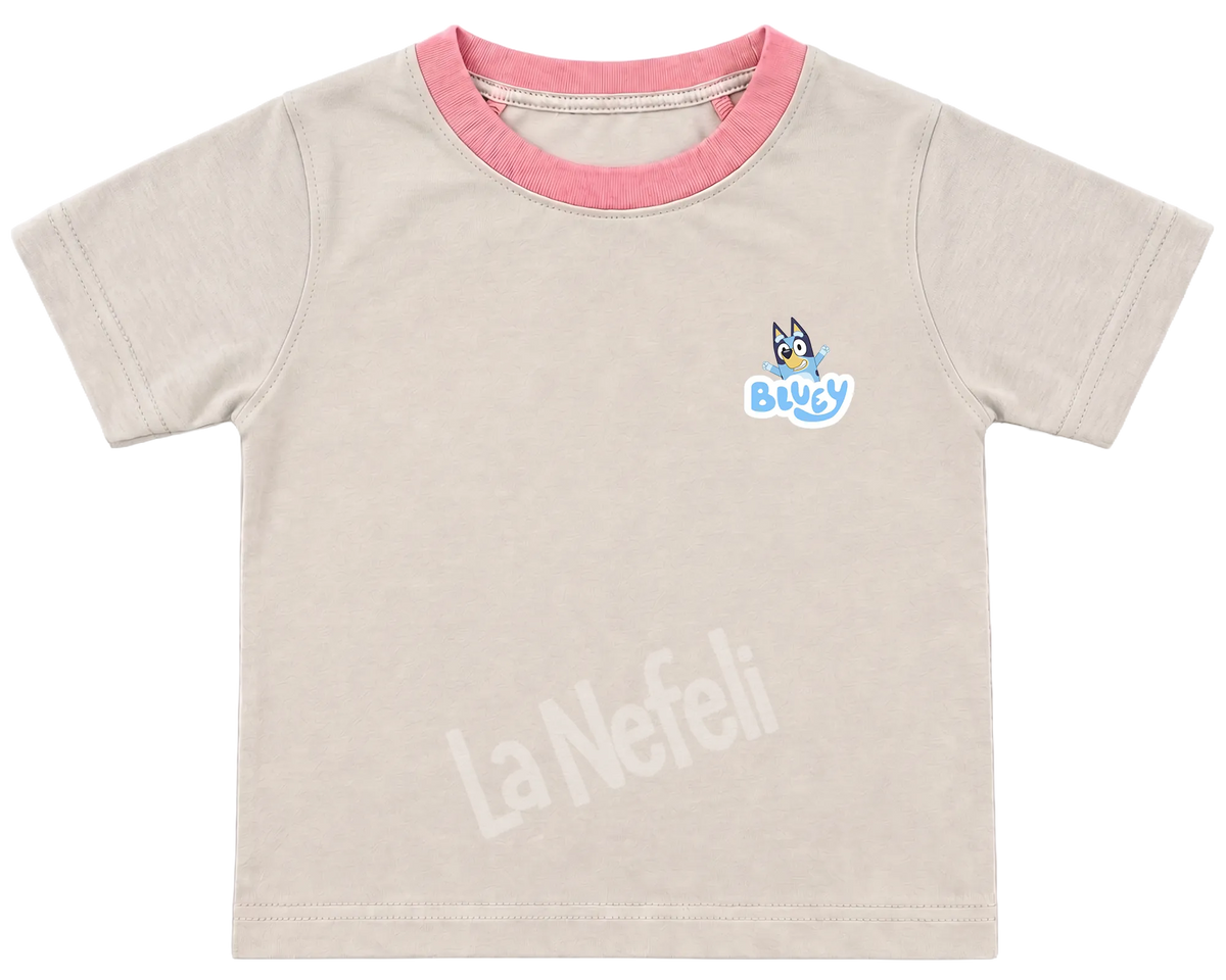 Bluey family home kids' T-shirt, cream with a pink neckline, a small Bluey logo on the chest