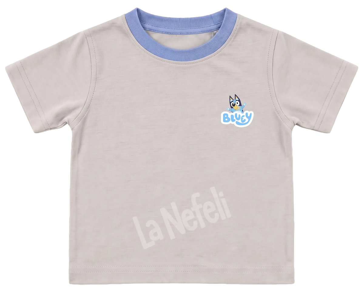 Bluey family home kids' T-shirt, cream with a blue neckline, a small Bluey logo on the chest