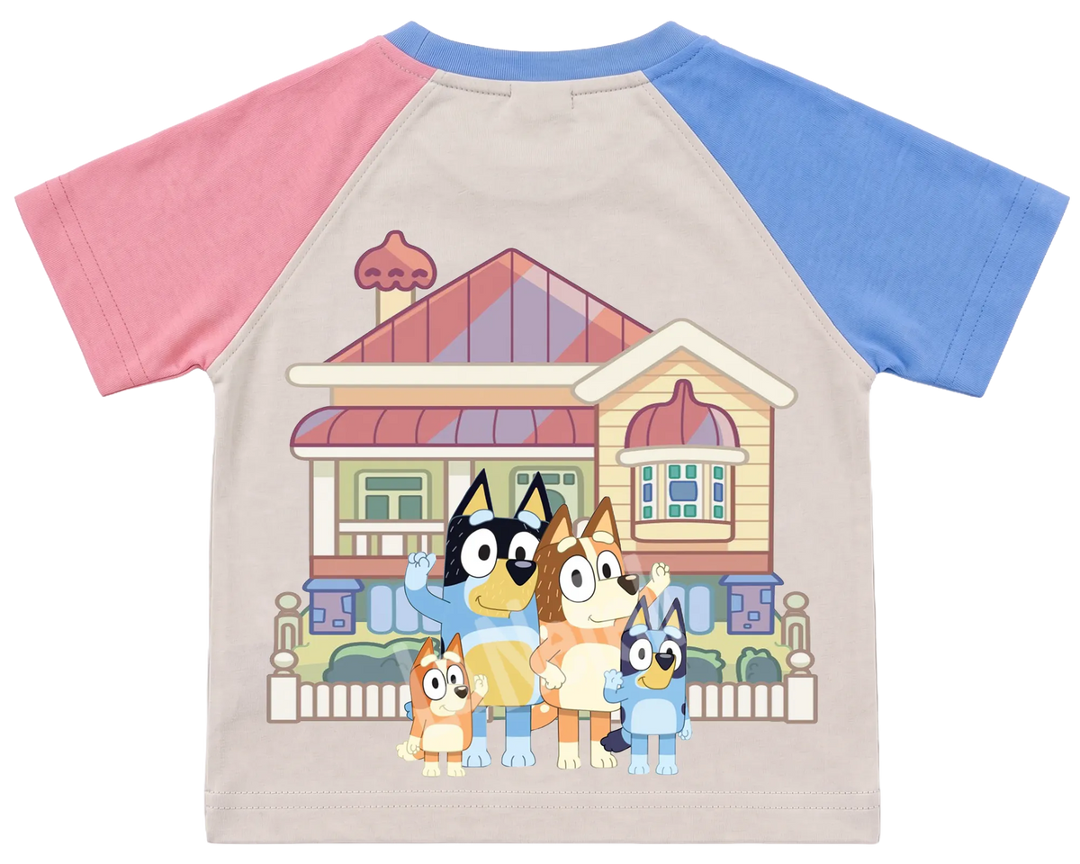 Bluey family home kids' T-shirt, pink and blue raglan sleeves, blue collar, big print on the back