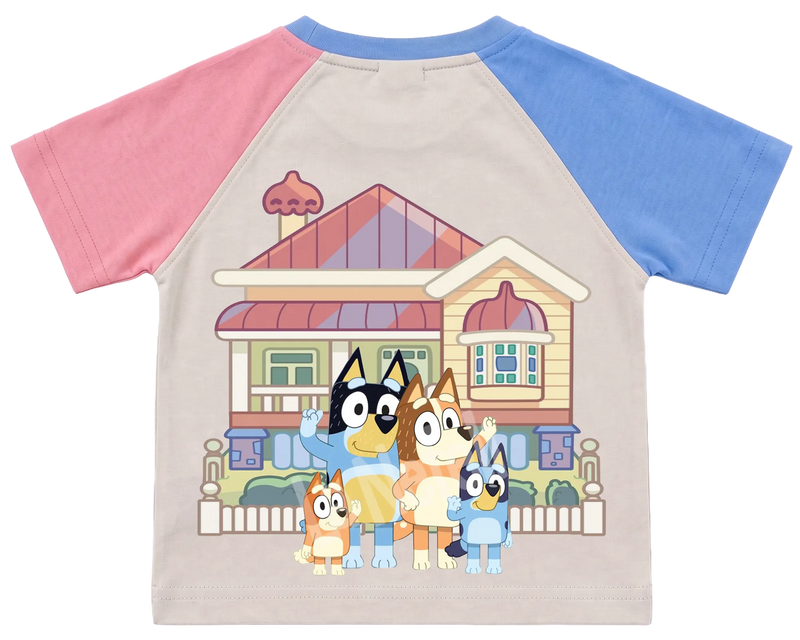 Bluey family home kids' T-shirt, pink and blue raglan sleeves, blue collar, big print on the back