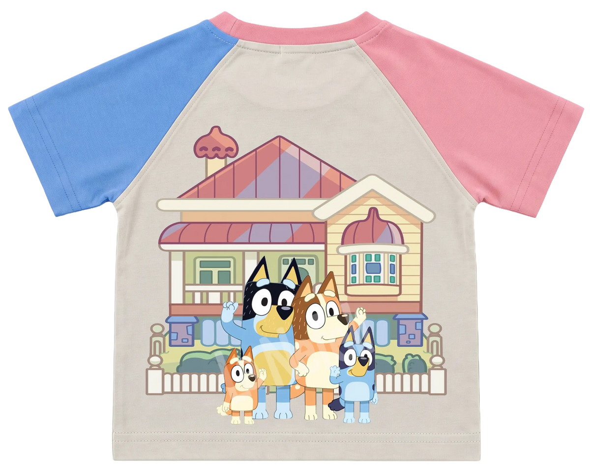 Bluey family home kids' T-shirt, pink and blue raglan sleeves, pink collar, big print on the back