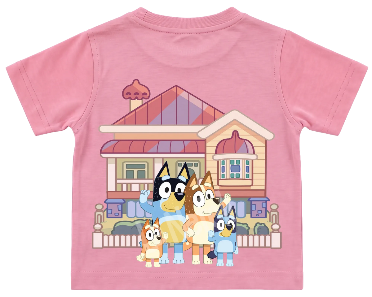 Bluey family home kids' T-shirt, all pink, big print on the back