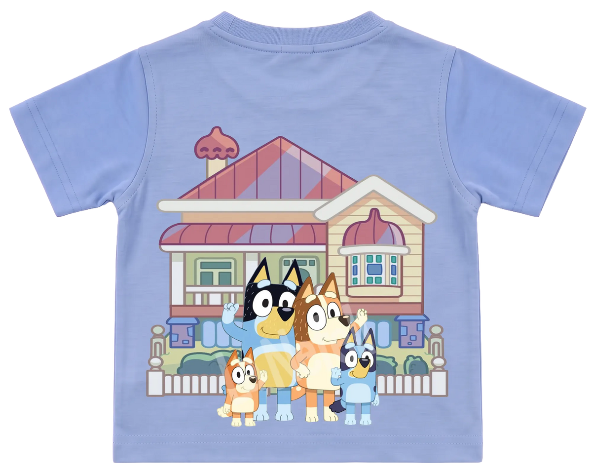 Bluey family home kids' T-shirt, all blue, big print on the back