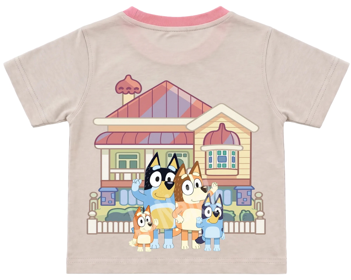 Bluey family home kids' T-shirt, cream with a pink neckline, big print on the back
