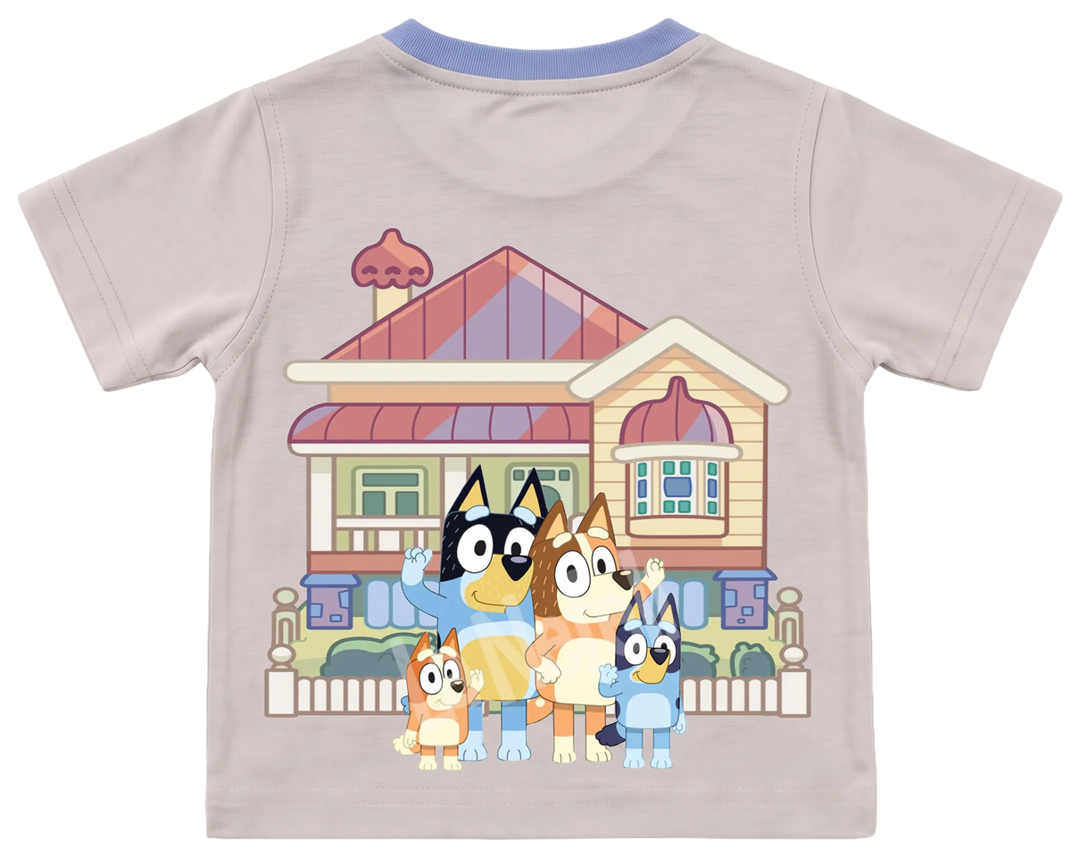 Bluey family home kids' T-shirt, cream with a blue neckline, big print on the back