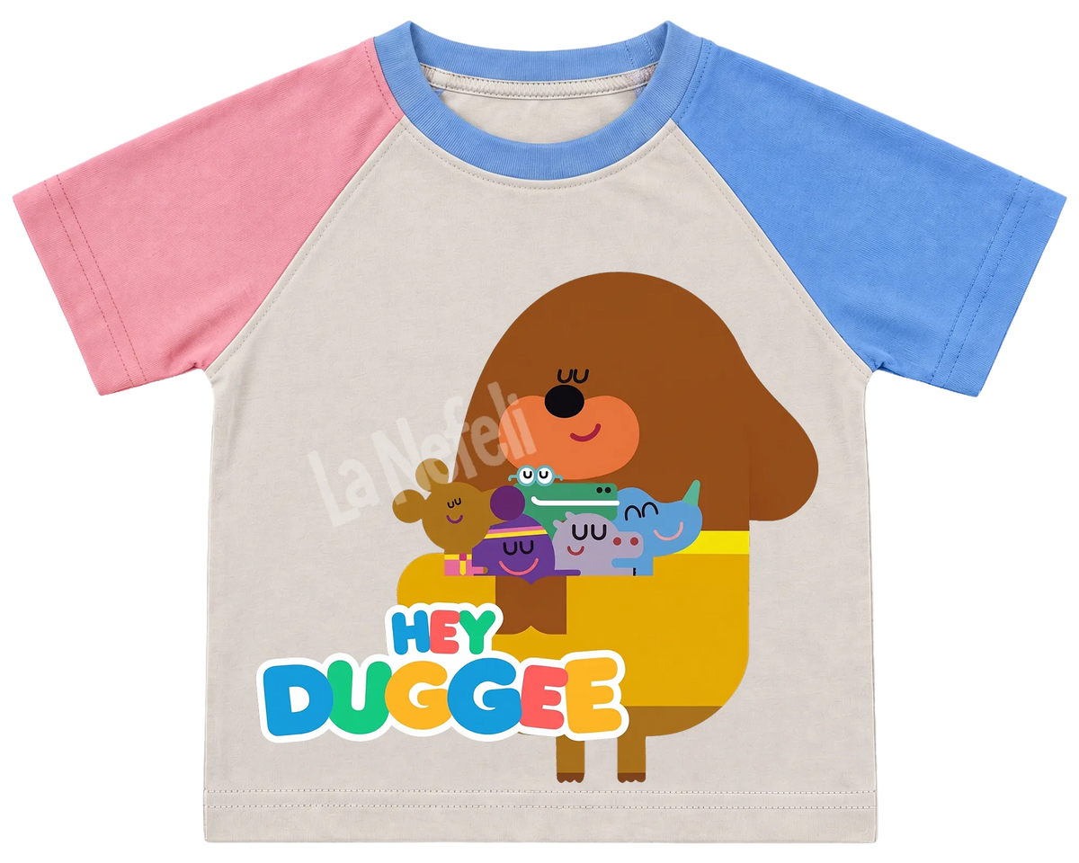 Hey Duggee big hug kids' T-shirt, pink and blue raglan sleeves, blue collar