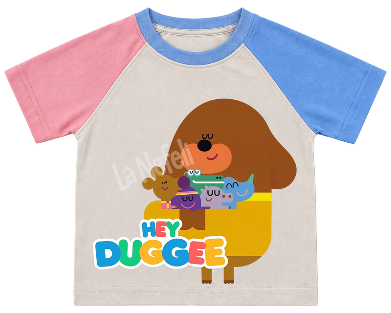 Hey Duggee big hug kids' T-shirt, pink and blue raglan sleeves, blue collar