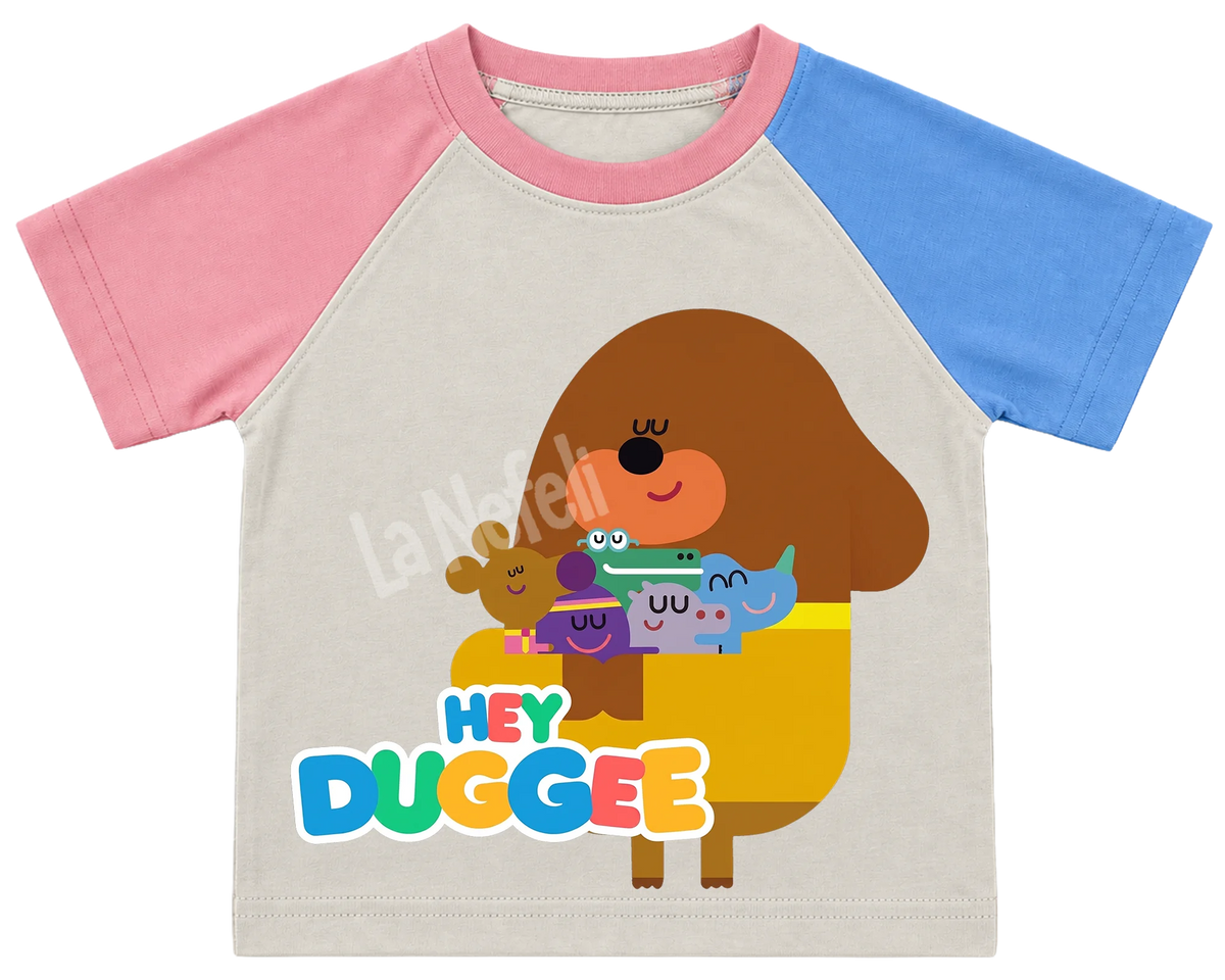 Hey Duggee big hug kids' T-shirt, pink and blue raglan sleeves, pink collar