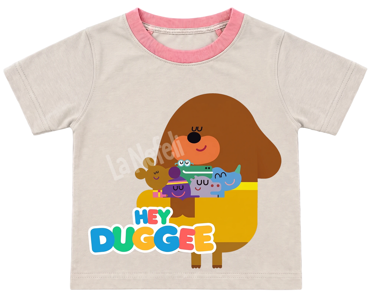 Hey Duggee big hug kids' T-shirt, cream with a pink neckline