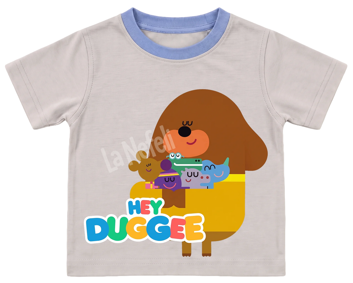 Hey Duggee big hug kids' T-shirt, cream with a blue neckline