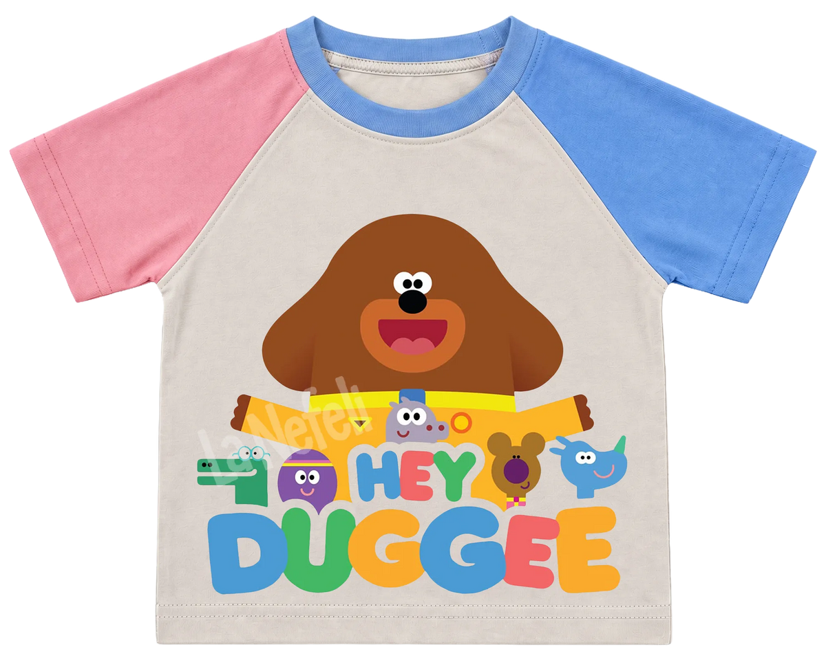 Hey Duggee and the Squirrels kids' T-shirt, pink and blue raglan sleeves, blue collar