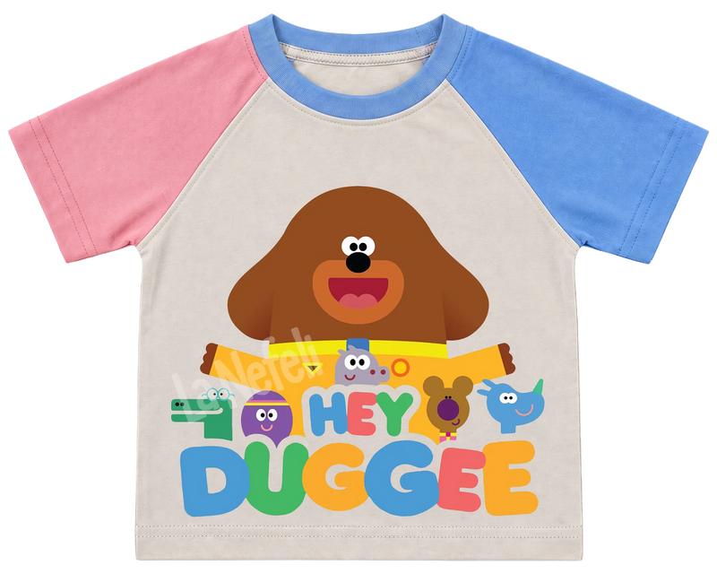 Hey Duggee and the Squirrels kids' T-shirt, pink and blue raglan sleeves, blue collar