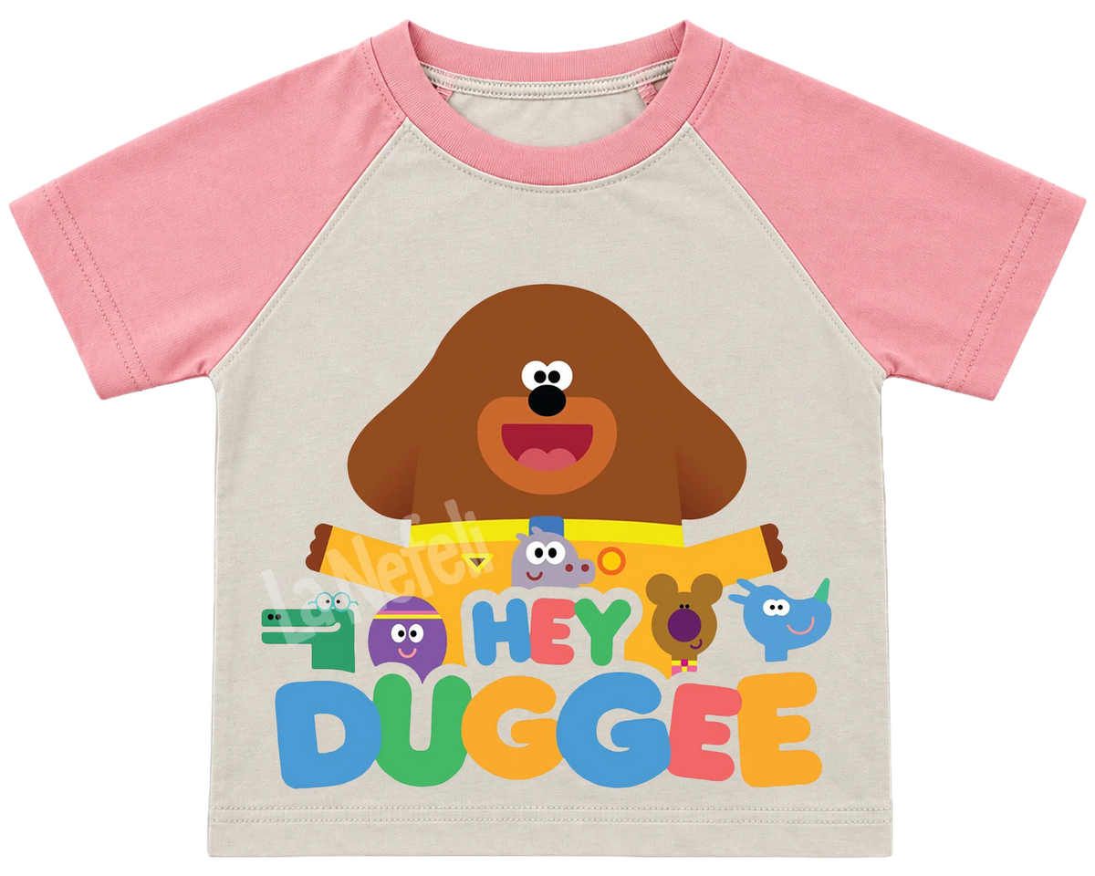 Hey Duggee and the Squirrels kids' T-shirt, raglan with pink sleeves